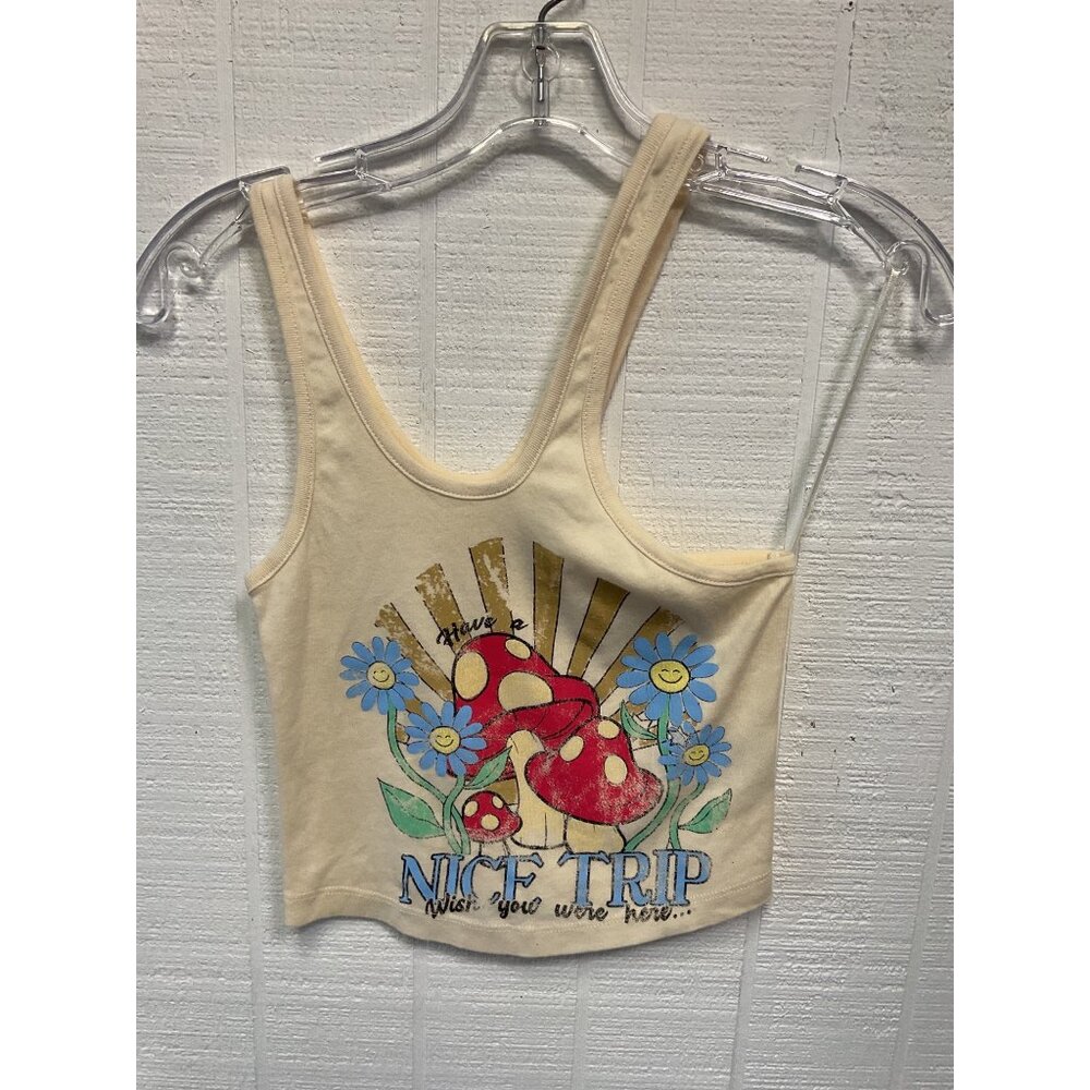 Urban Outfitters Mushroom Graphic Tank Top XS Beige Cotton Blend